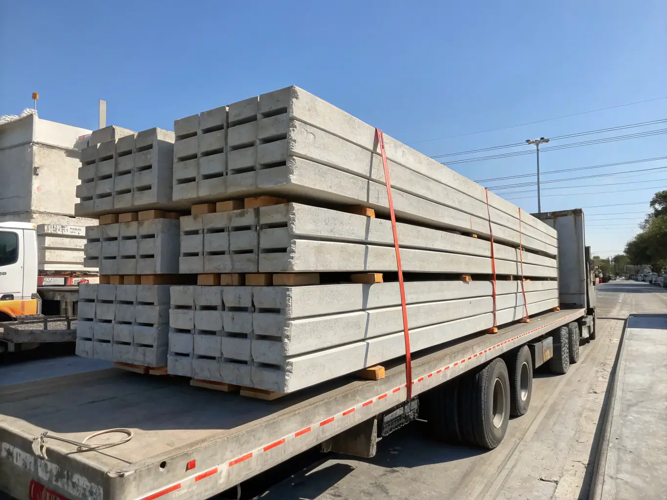 A close-up shot of a variety of precast concrete products, including blocks, pavers, and custom-designed elements, neatly arranged in a manufacturing yard.